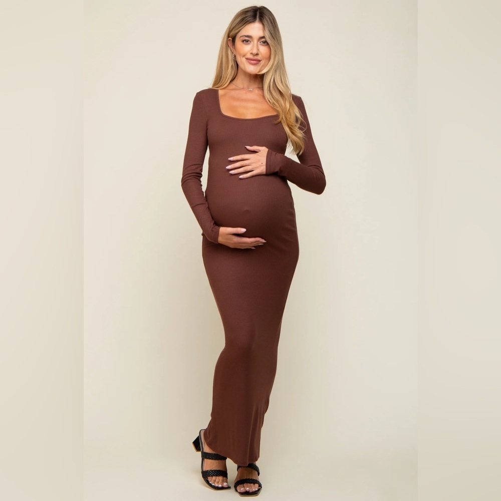 PinkBlush Brown Ribbed Long Sleeve Square Neck Maternity Maxi Dress